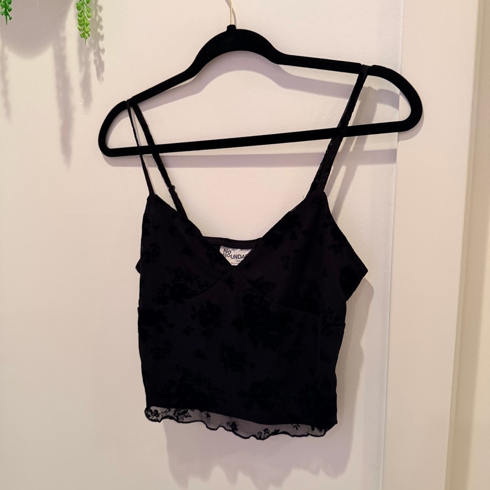 No Boundaries Y2K Black Lace Mesh Lettuce Trim Floral Velvet Women's Cami Size M - Picture 4 of 9